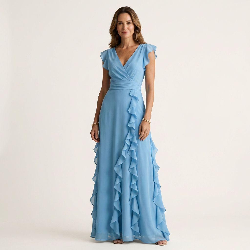 Nellyana | Robe Maxi à Volants Cascadants avec Décolleté en V et Manches Papillon
