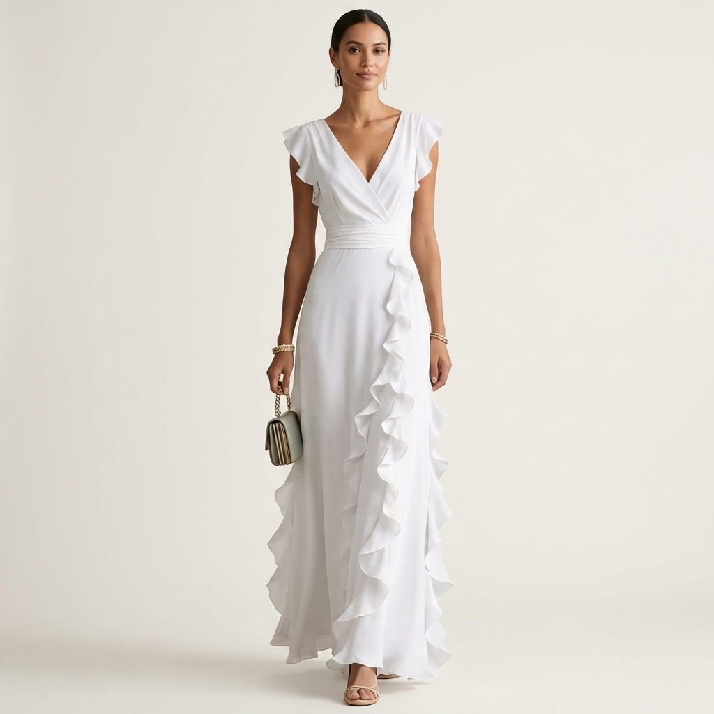 Nellyana | Robe Maxi à Volants Cascadants avec Décolleté en V et Manches Papillon