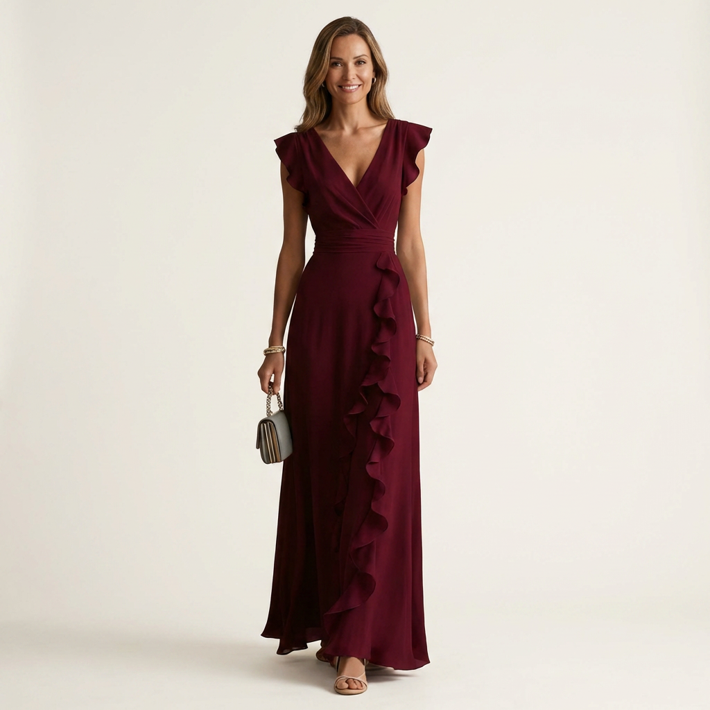 Nellyana | Robe Maxi à Volants Cascadants avec Décolleté en V et Manches Papillon