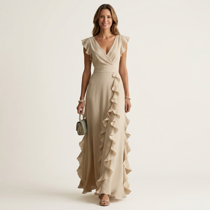 Nellyana | Robe Maxi à Volants Cascadants avec Décolleté en V et Manches Papillon