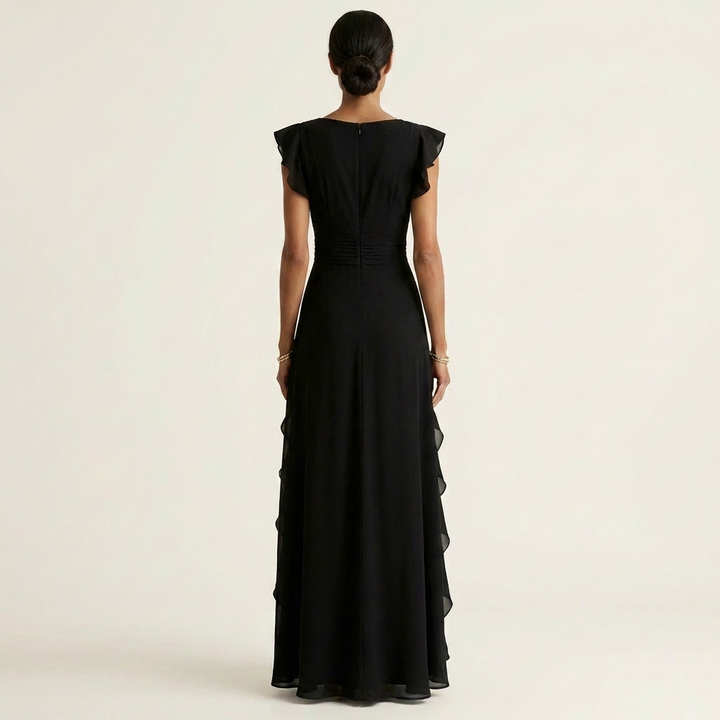 Nellyana | Robe Maxi à Volants Cascadants avec Décolleté en V et Manches Papillon