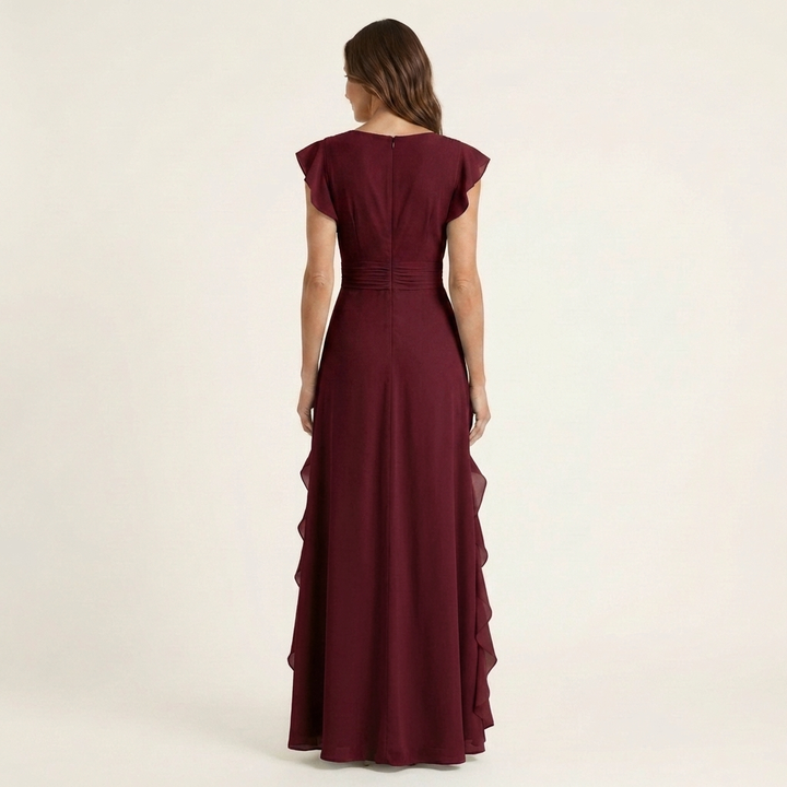 Nellyana | Robe Maxi à Volants Cascadants avec Décolleté en V et Manches Papillon
