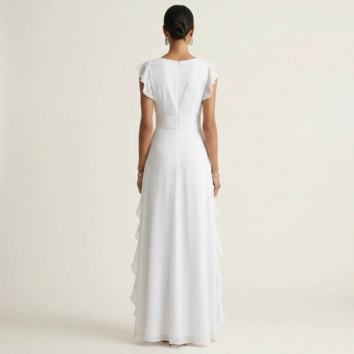 Nellyana | Robe Maxi à Volants Cascadants avec Décolleté en V et Manches Papillon