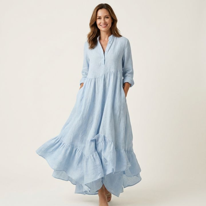 Jilana | Robe Maxi à Col Montant et Boutonnage avec Ourlet Volant