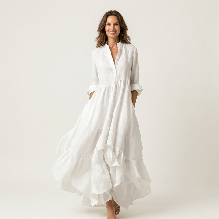 Jilana | Robe Maxi à Col Montant et Boutonnage avec Ourlet Volant