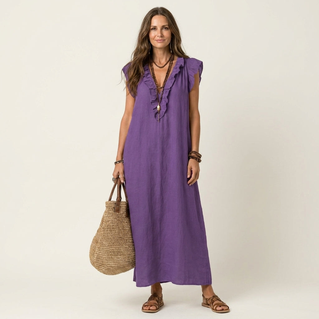 Josette | Robe Maxi à Col V Volant