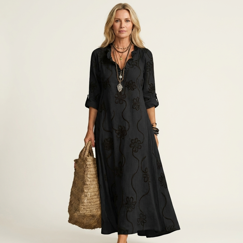 Mariam | Robe Maxi avec Broderie Florale Tonale