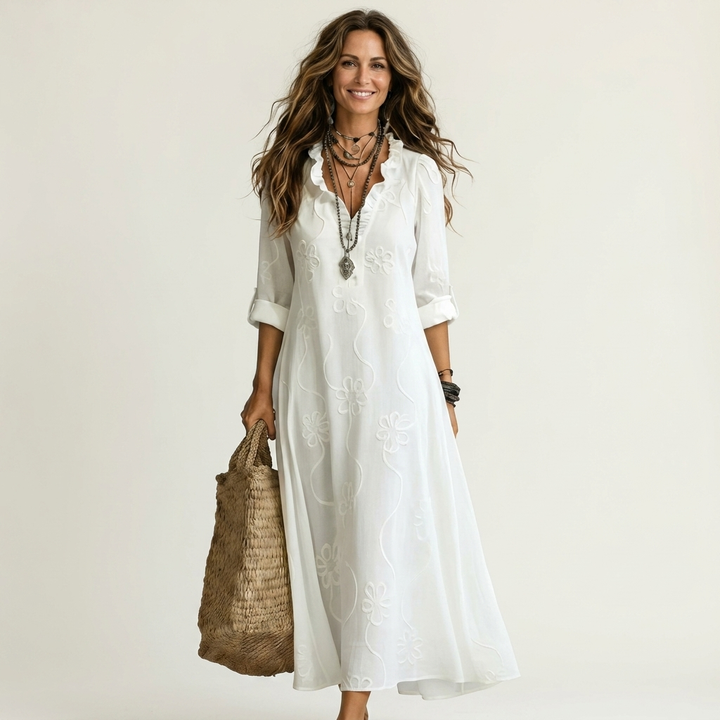 Mariam | Robe Maxi avec Broderie Florale Tonale