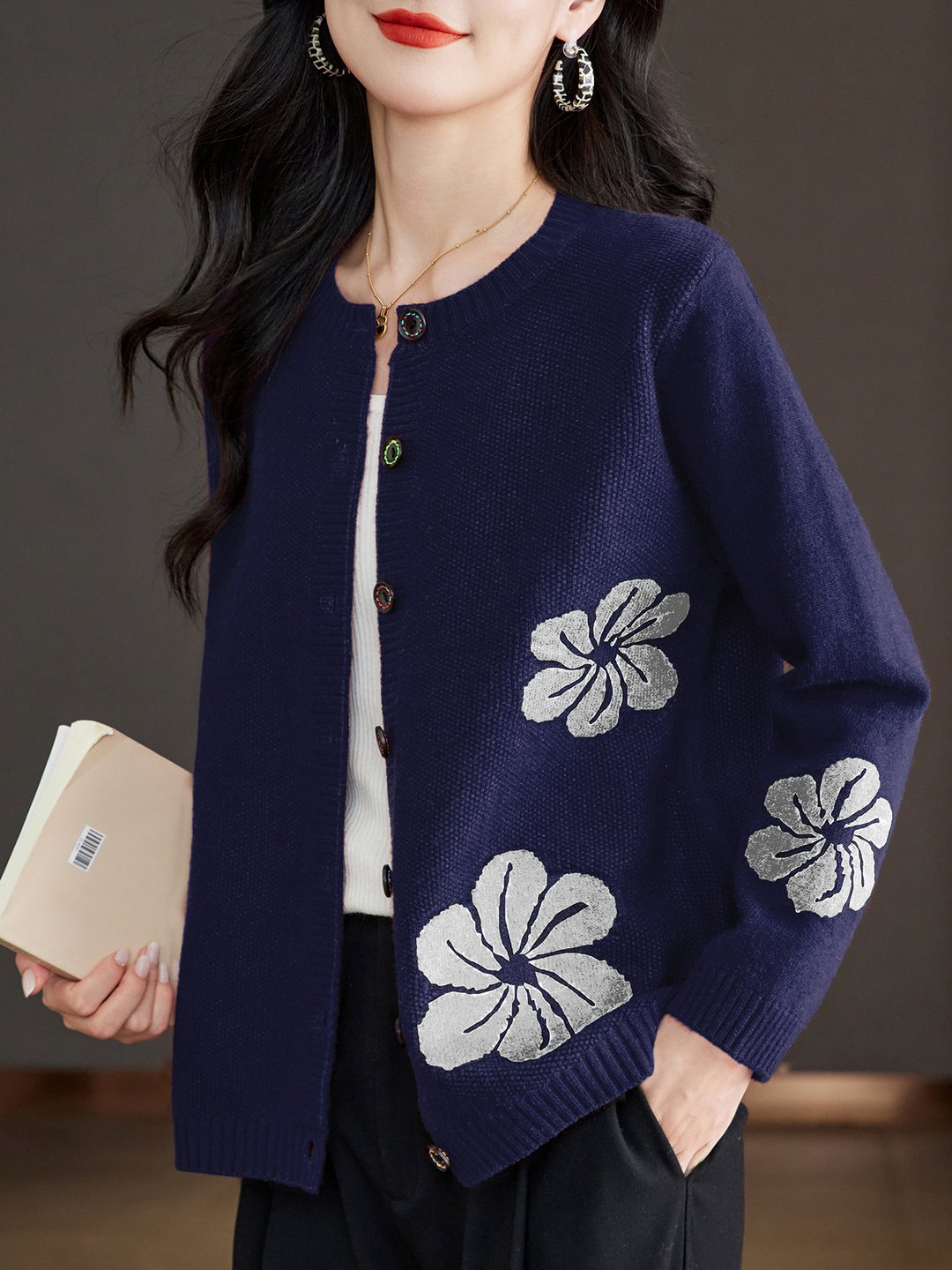 Cardigan Marine à Fleurs Nathalie