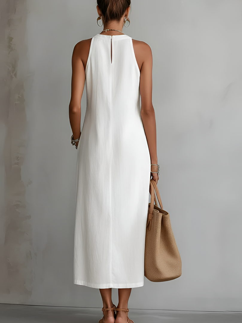 Tatiana | Robe Midi en Lin avec Col Mao