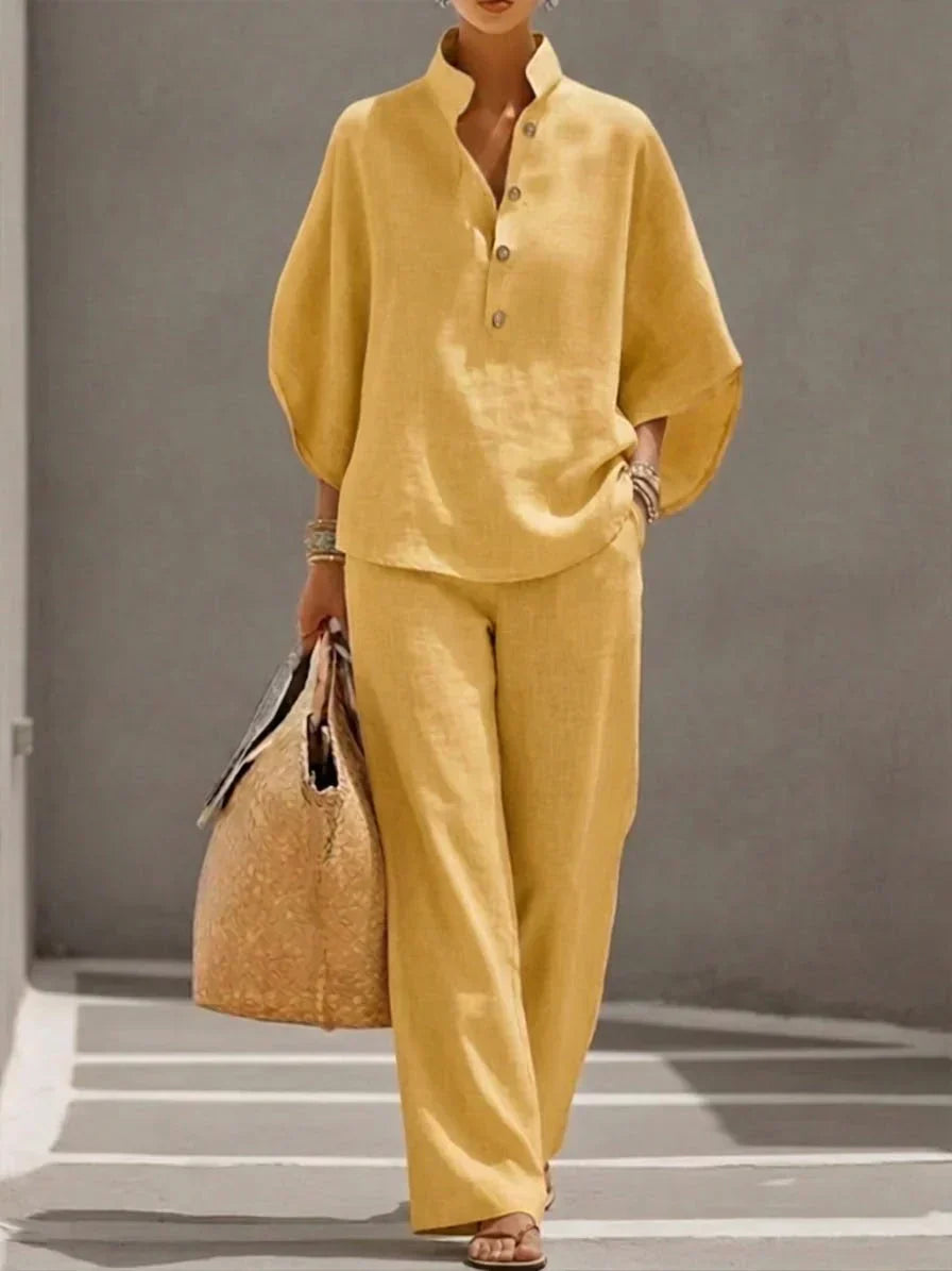 Maribel™ | Ensemble en lin avec manches chauve-souris et pantalons larges