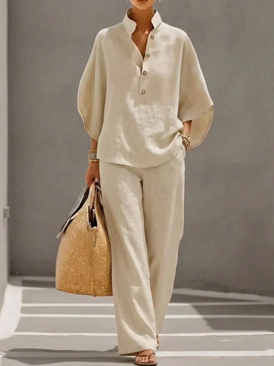 Maribel™ | Ensemble en lin avec manches chauve-souris et pantalons larges