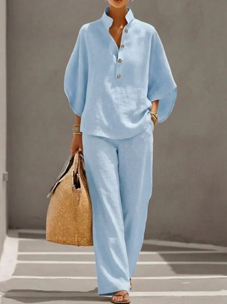 Maribel™ | Ensemble en lin avec manches chauve-souris et pantalons larges