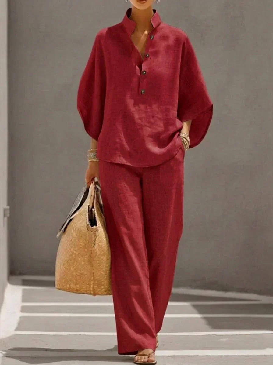 Maribel™ | Ensemble en lin avec manches chauve-souris et pantalons larges
