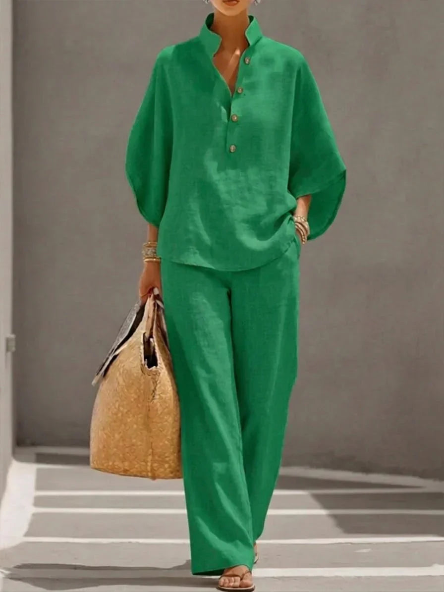 Maribel™ | Ensemble en lin avec manches chauve-souris et pantalons larges