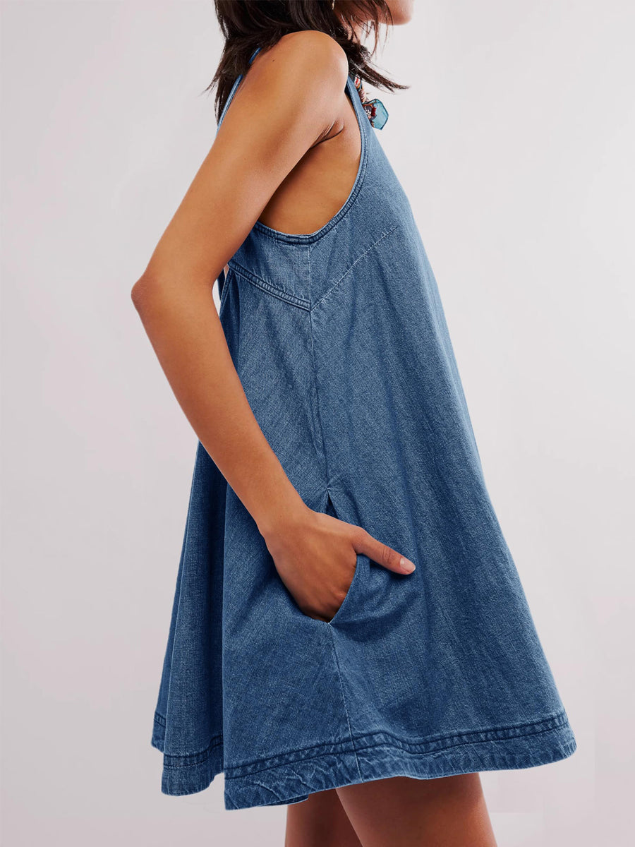 Nancy | Robe Mini en Jean Sans Manches et Dos Nu